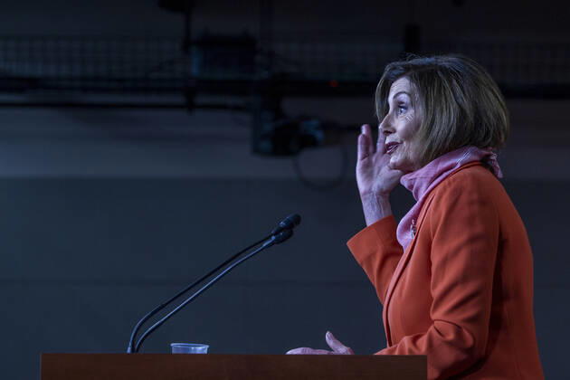 Speaker of the House Nancy Pelosi, D-Calif., speaks during her weekly press conference at U.S Capital in Washington, D.C. on Friday, April 24 2020, Congress delivered a nearly $500 billion infusion of coronavirus spending Thursday, rushing new relief to employers and hospitals buckling under the strain of a pandemic that has claimed almost 50,000 American lives and one in six U.S. jobs.  WAP20200424010 TASOSxKATOPODIS