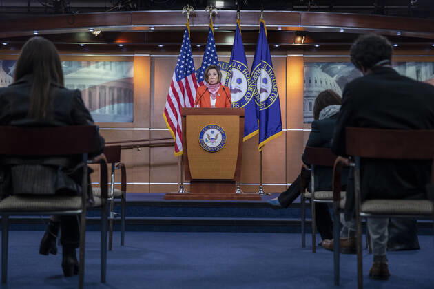 Speaker of the House Nancy Pelosi, D-Calif., speaks during her weekly press conference at U.S Capital in Washington, D.C. on Friday, April 24 2020, Congress delivered a nearly $500 billion infusion of coronavirus spending Thursday, rushing new relief to employers and hospitals buckling under the strain of a pandemic that has claimed almost 50,000 American lives and one in six U.S. jobs.  WAP20200424011 TASOSxKATOPODIS