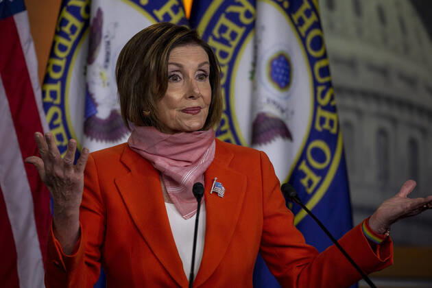 Speaker of the House Nancy Pelosi, D-Calif., speaks during her weekly press conference at U.S Capital in Washington, D.C. on Friday, April 24 2020, Congress delivered a nearly $500 billion infusion of coronavirus spending Thursday, rushing new relief to employers and hospitals buckling under the strain of a pandemic that has claimed almost 50,000 American lives and one in six U.S. jobs.  WAP20200424013 TASOSxKATOPODIS