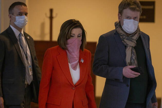 Speaker of the House Nancy Pelosi, D-Calif., leaves after her weekly press conference at U.S Capital in Washington, D.C. on Friday, April 24 2020, Congress delivered a nearly $500 billion infusion of coronavirus spending Thursday, rushing new relief to employers and hospitals buckling under the strain of a pandemic that has claimed almost 50,000 American lives and one in six U.S. jobs.  WAP20200424014 TASOSxKATOPODIS