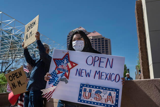 April 24, 2020, Albuquerque, New Mexico, USA: April 24, 2020 Monica Sanchez joined other protestors gathering near Civic Plaza in downtown Albuquerque to demand government officials to re-open businesses deemed nonessential. Albuquerque USA - ZUMAab1_ 20200424_zaf_ab1_004 Copyright: xAnthonyxJacksonx