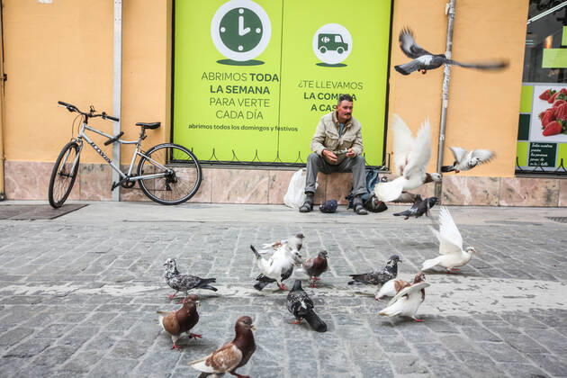 April 24, 2020: 24 April 2020 (Malaga) a man feeds pigeons at the door of a supermarket during the coronavirus crisis - ZUMAc161 20200424_zap_c161_073 Copyright: xLorenzoxCarnerox