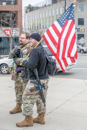 April 24, 2020, Madison, WI, USA: MADISON, WI - APRIL 24: At a Rally to Reopen Wisconsin , Safer at Home armed protesters demonstrate against measures enacted to mitigate the Coronavirus on April 24, 2020 at the Wisconsin state Capitol in Madison, WI. ( Icon Sportswire) Madison USA - ZUMAi88_ 20200424_zaf_i88_008 Copyright: xLawrencexIlesx