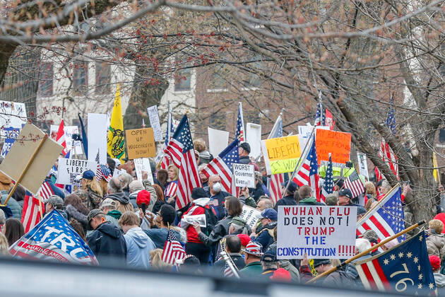April 24, 2020, Madison, WI, USA: MADISON, WI - April 24: At a Rally to Reopen Wisconsin , Safer at Home protesters demonstrate against measures enacted to mitigate the corona virus on April 24, 2020 at the Wisconsin state Capitol in Madison, WI. ( Icon Sportswire) Madison USA - ZUMAi88_ 20200424_zaf_i88_014 Copyright: xLawrencexIlesx