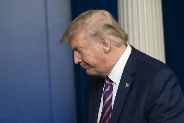 April 24, 2020, Washington, District of Columbia, USA: United States President Donald Trump departs after participating in a news briefing with members of the Coronavirus Task Force at the White House in Washington, DC on April 24, 2020. .Credit: Pool via CNP Washington USA - ZUMAs152 20200424_zaa_s152_082 Copyright: xChrisxKleponisx
