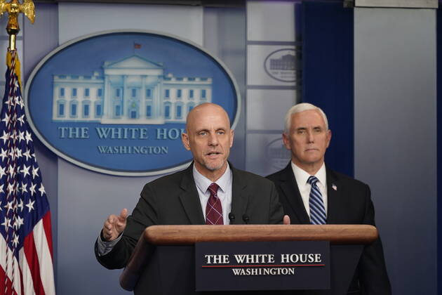 April 24, 2020, Washington, District of Columbia, USA: Stephen Hahn, Commissioner, United States Food and Drug Administration (FDA) participates in a news briefing with members of the Coronavirus Task Force at the White House in Washington, DC on April 24, 2020. Standing at right is US President Donald J. Trump Washington USA - ZUMAs152 20200424_zaa_s152_092 Copyright: xChrisxKleponisx