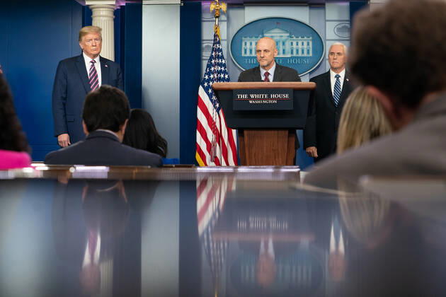 April 24, 2020, Washington, The District of Columbia, United States Of America: President Donald J. Trump and Vice President Mike Pence listen as Commissioner of Food and Drugs Dr. Stephen Hahn delivers remarks during a coronavirus update briefing Friday, April 24, 2020, in the James S. Brady Press Briefing Room of the White House..People: Dr. Stephen Hahn Washington United States Of America - ZUMAs214 20200424_zaa_s214_001 Copyright: xSMGx