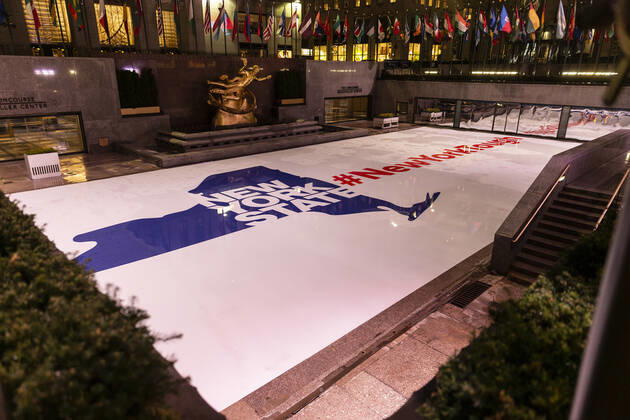 Daily life in New York amid COVID-19 pandemic Logo New York Tough hashtag NewYorkTough displayed on a rink at Rockefeller Center during COVID-19 pandemic New York New York United States Copyright: LevxRadin