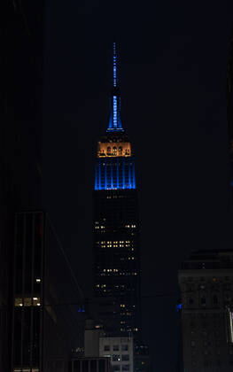 Daily life in New York amid COVID-19 pandemic Empire State Building lit in blue to honor hurses, doctors and medical staff during COVID-19 pandemic New York New York United States Copyright: LevxRadin