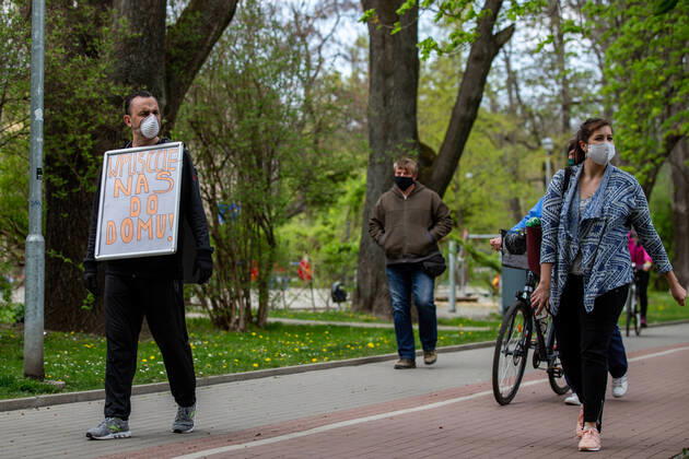 Residents of the areas along the Czech-Polish border met in the adjacent towns of Cesky Tesin and Cieszyn, situated each on the other side of the border, to protest against the border closure over covid-19 that has divided many families and barred many from commuting to work, on April 25, 2020, in Cesky Tesin, Czech Republic. (CTKxPhoto VladimirxPrycek) CTKPhotoP202004250202301 PRY 0006