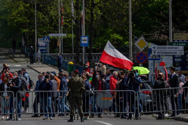 Residents of the areas along the Czech-Polish border met in the adjacent towns of Cesky Tesin and Cieszyn, situated each on the other side of the border, to protest against the border closure over covid-19 that has divided many families and barred many from commuting to work, on April 25, 2020, in Cesky Tesin, Czech Republic. (CTKxPhoto VladimirxPrycek) CTKPhotoP202004250208701 PRY 0009