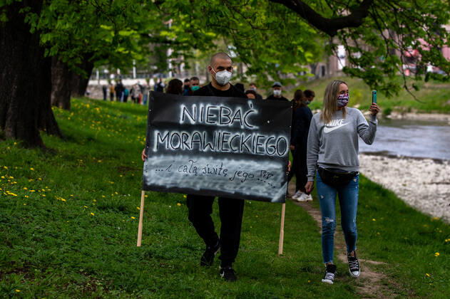 Residents of the areas along the Czech-Polish border met in the adjacent towns of Cesky Tesin and Cieszyn, situated each on the other side of the border, to protest against the border closure over covid-19 that has divided many families and barred many from commuting to work, on April 25, 2020, in Cesky Tesin, Czech Republic. (CTKxPhoto VladimirxPrycek) CTKPhotoP202004250209701 PRY 0010