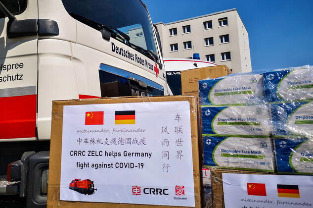 (200425) -- BERLIN, April 25, 2020 (Xinhua) -- Photo taken with a mobile phone on April 24, 2020 shows medical equipment donated by China Railway Rolling Stock Corporation (CRRC) Zhuzhou Locomotive Co. Ltd. in Berlin, Germany. China Railway Rolling Stock Corporation (CRRC), the world s largest rolling stock manufacturer by production volume, donated a shipment of medical equipment to Germany via the German Red Cross on Friday to help the country fight the coronavirus. Responding to the call from the German government and the Chinese Embassy in Germany, and in accordance with an arrangement between CRRC and CRRC Zhuzhou Locomotive Co. Ltd. (CRRC ZELC), the company donated 1,000 protective suits, 20,000 FFP2 masks and 80,000 surgical masks. (CRRC ZELC Handout via Xinhua) GERMANY-BERLIN-CRRC-MEDICAL EQUIPMENT-DONATION