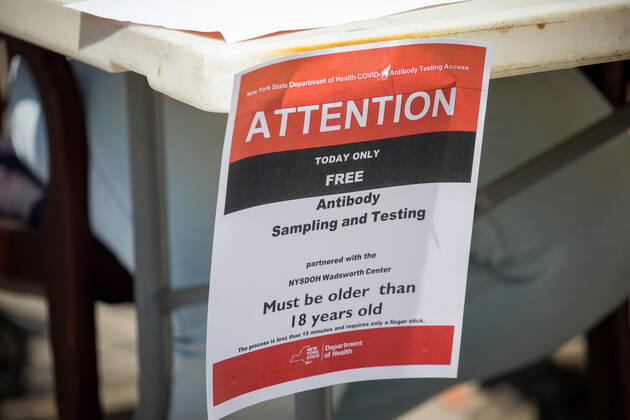 (200425) -- NEW YORK, April 25, 2020 (Xinhua) -- A notice is seen at a New York State Department of Health COVID-19 antibody testing center at Steve s 9th Street Market in Brooklyn, New York, the United States, on April 25, 2020. Global COVID-19 deaths surpassed 200,000 on Saturday afternoon, according to the Center for Systems Science and Engineering (CSSE) at Johns Hopkins University. A total of 200,698 people have died of the disease as of 1:50 p.m. (1750 GMT) among 2,865,938 cases worldwide, the CSSE data showed. The United States suffered the most fatalities at 52,782 as its total cases reached 924,576. (Photo by Michael Nagle Xinhua) U.S.-NEW YORK-COVID-19-ANTIBODY TESTING
