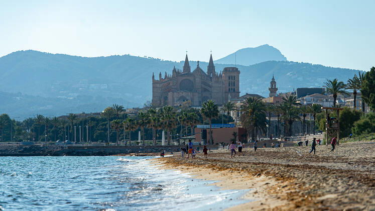 20200426 Children go out of the Home in Mallorca during Corona Lock down PALMA DE MALLORCA, SPAIN - APRIL 26 2020 : Palma Beach view to the Cathedral with families enjoying sun on the beach at - Children go out of the Home in Mallorca during Corona Lock down on April 26, 2020 in Palma de Mallorca, . Palma de Mallorca Baleares Spain