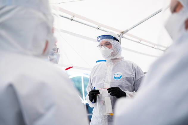 April 27, 2020, Gdansk, Poland: Medic seen during his work holding test kit at the covid-19 drive thru in Gdansk. .The covid-19 drive thru testing center was opened in Gdansk on April 27. Tests are taken after prior registration. Patients without getting out of the car may be tested for coronavirus. Gdansk Poland - ZUMAs227 20200427_zip_s227_007 Copyright: xMateuszxSlodkowskix