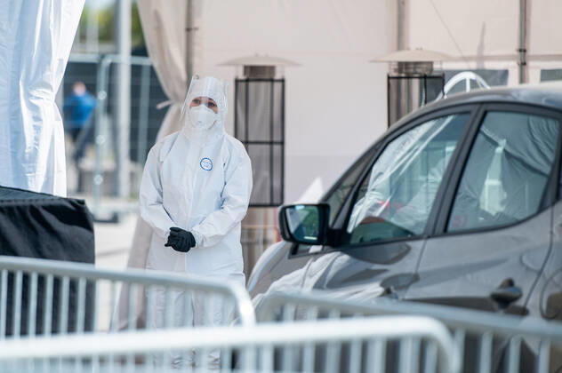 April 27, 2020, Gdansk, Poland: Medic seen during her work at the covid-19 testing drive thru tent in Gdansk. .The covid-19 drive thru testing center was opened in Gdansk on April 27. Tests are taken after prior registration. Patients without getting out of the car may be tested for coronavirus. Gdansk Poland - ZUMAs227 20200427_zip_s227_018 Copyright: xMateuszxSlodkowskix
