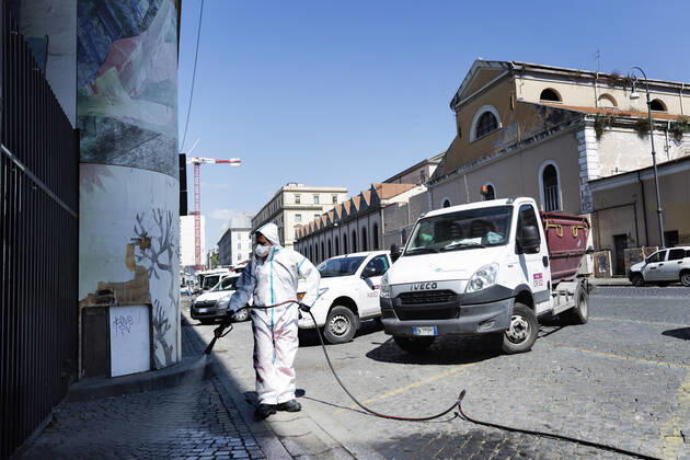 April 27, 2020, Roma, Roma, Italy: A civil servant doing the sanitization of the streets outside the Termini train station in Roma. ..The Italian prime minister Giuseppe Conte has announce the Ã¢â‚¬oeFase 2Ã¢â‚¬Â in Italy from the 4th of May...All the city, as all the whole country, is under quarantine and the movement are restricted to the necessary. ..The streets of the city are empty and controled by the amry. Roma Italy - ZUMAt147 20200427_zip_t147_002 Copyright: xMatteoxTrevisanx
