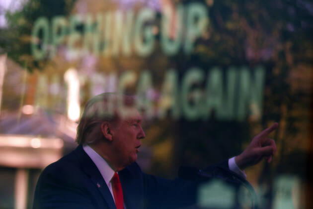 April 27, 2020, Washington, District of Columbia, USA: United States President Donald J. Trump is reflected in TV monitor as he speaks at a news conference in the Rose Garden at the White House in Washington on April 27, 2020. .Credit: Pool via CNP Washington USA - ZUMAs152 20200427_zaa_s152_036 Copyright: xYurixGripasx