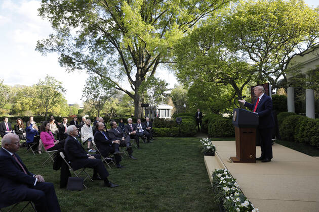 President Donald Trump delivers remarks on the COVID-19 pandemic during the Coronavirus Task Force briefing in the Rose Garden at the White House in Washington, D.C. on Monday, April 27, 2020.  WAX20200427408 YURIxGRIPAS