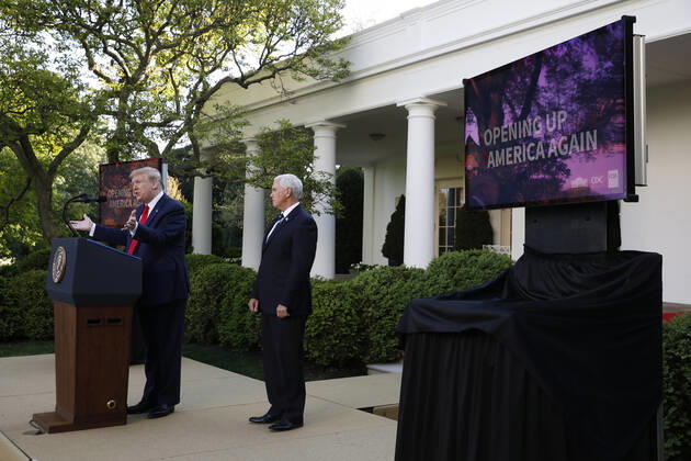 President Donald Trump delivers remarks on the COVID-19 pandemic during the Coronavirus Task Force briefing in the Rose Garden at the White House in Washington, D.C. on Monday, April 27, 2020.  WAX20200427411 YURIxGRIPAS