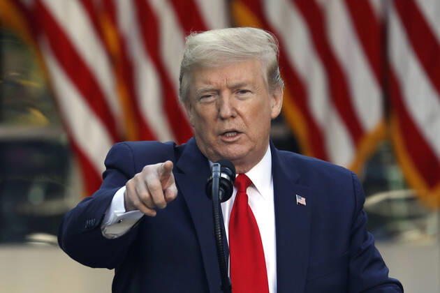President Donald Trump delivers remarks on the COVID-19 pandemic during the Coronavirus Task Force briefing in the Rose Garden at the White House in Washington, D.C. on Monday, April 27, 2020.  WAX20200427425 YURIxGRIPAS