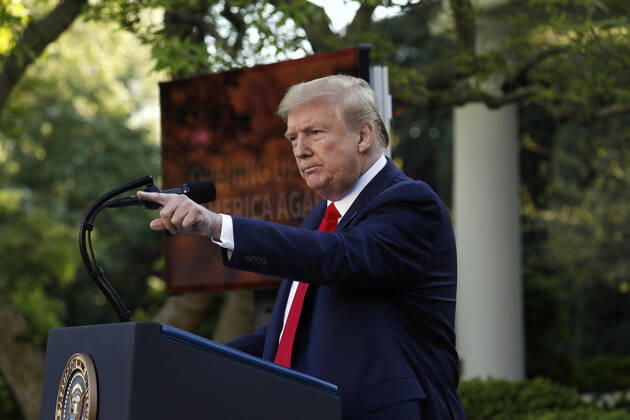 President Donald Trump speaks during the Coronavirus Task Force briefing in the Rose Garden at the White House in Washington, D.C. on Monday, April 27, 2020.  WAX20200427433 YURIxGRIPAS