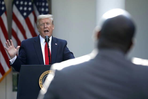 President Donald Trump speaks during the Coronavirus Task Force briefing in the Rose Garden at the White House in Washington, D.C. on Monday, April 27, 2020.  WAX20200427434 YURIxGRIPAS