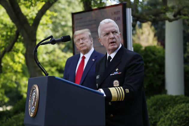 April 27, 2020, Washington, District of Columbia, USA: Admiral Brett Giroir, United States Assistant Secretary for Health, speaks next to US President Donald J. Trump at a news conference in the Rose Garden at the White House in Washington on April 27, 2020. .Credit: Pool via CNP Washington USA - ZUMAs152 20200427_zaa_s152_044 Copyright: xYurixGripasx