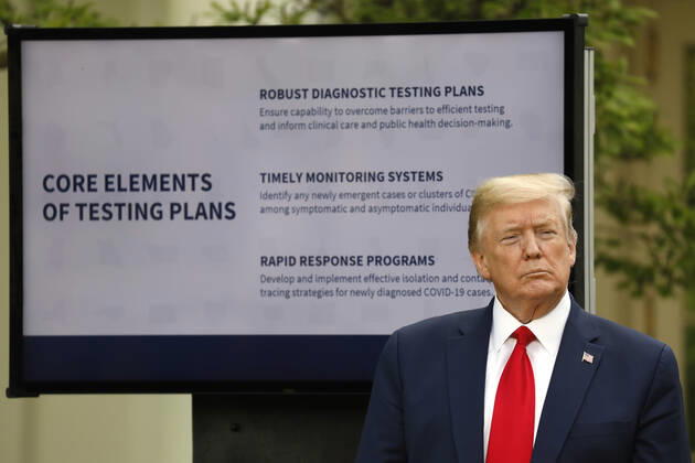 April 27, 2020, Washington, District of Columbia, USA: United States President Donald J. Trump waits for questions at a news conference in the Rose Garden at the White House in Washington on April 27, 2020. .Credit: Pool via CNP Washington USA - ZUMAs152 20200427_zaa_s152_045 Copyright: xYurixGripasx