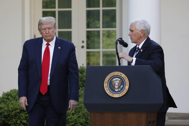 April 27, 2020, Washington, District of Columbia, USA: United States President Donald J. Trump and US Vice President Mike Pence react after a news conference in the Rose Garden at the White House in Washington on April 27, 2020. .Credit: Pool via CNP Washington USA - ZUMAs152 20200427_zaa_s152_047 Copyright: xYurixGripasx