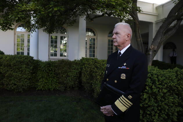 April 27, 2020, Washington, District of Columbia, USA: Admiral Brett Giroir, United States Assistant Secretary for Health, waits to speak after US President Donald Trump at a news conference in the Rose Garden at the White House in Washington on April 27, 2020 Washington USA - ZUMAs152 20200427_zaa_s152_050 Copyright: xYurixGripasx
