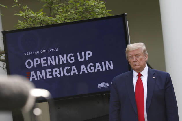 April 27, 2020, Washington, District of Columbia, USA: United States President Donald J. Trump waits for questions at a news conference in the Rose Garden at the White House in Washington on April 27, 2020. .Credit: Pool via CNP Washington USA - ZUMAs152 20200427_zaa_s152_051 Copyright: xYurixGripasx