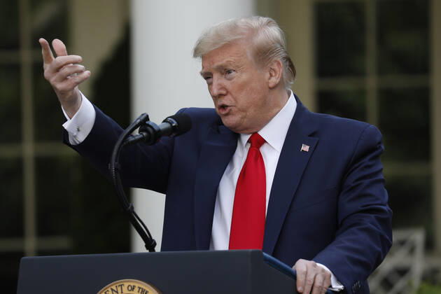 April 27, 2020, Washington, District of Columbia, USA: United States President Donald J. Trump calls on a reporter during a news conference in the Rose Garden at the White House in Washington on April 27, 2020. .Credit: Pool via CNP Washington USA - ZUMAs152 20200427_zaa_s152_052 Copyright: xYurixGripasx
