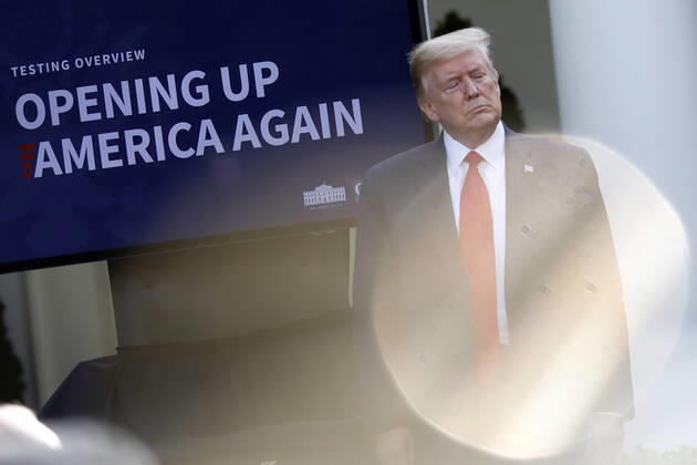 April 27, 2020, Washington, District of Columbia, USA: United States President Donald J. Trump waits for questions at a news conference in the Rose Garden at the White House in Washington on April 27, 2020. .Credit: Pool via CNP Washington USA - ZUMAs152 20200427_zaa_s152_053 Copyright: xYurixGripasx
