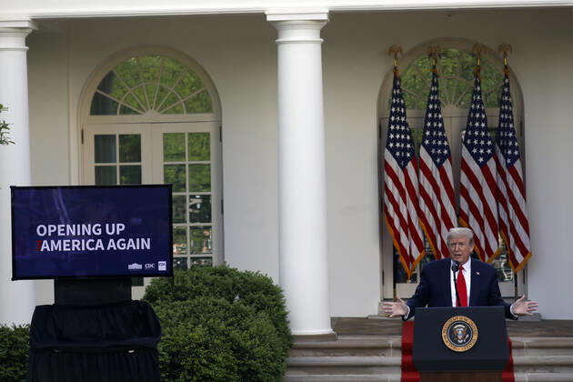 April 27, 2020, Washington, District of Columbia, USA: United States President Donald J. Trump speaks at a news conference in the Rose Garden at the White House in Washington on April 27, 2020. .Credit: Pool via CNP Washington USA - ZUMAs152 20200427_zaa_s152_061 Copyright: xYurixGripasx