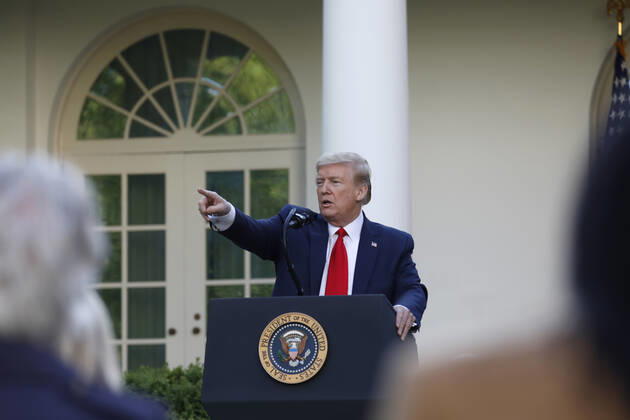 April 27, 2020, Washington, District of Columbia, USA: United States President Donald J. Trump speaks at a news conference in the Rose Garden at the White House in Washington on April 27, 2020. .Credit: Pool via CNP Washington USA - ZUMAs152 20200427_zaa_s152_063 Copyright: xYurixGripasx
