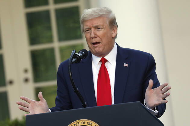 April 27, 2020, Washington, District of Columbia, USA: United States President Donald J. Trump speaks at a news conference in the Rose Garden at the White House in Washington on April 27, 2020. .Credit: Pool via CNP Washington USA - ZUMAs152 20200427_zaa_s152_065 Copyright: xYurixGripasx