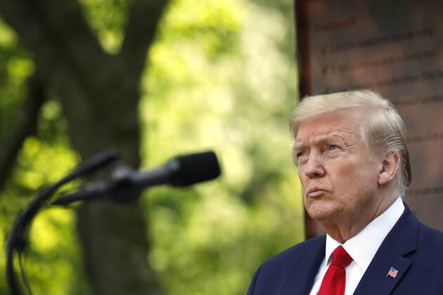 April 27, 2020, Washington, District of Columbia, USA: United States President Donald J. Trump speaks at a news conference in the Rose Garden at the White House in Washington on April 27, 2020. .Credit: Pool via CNP Washington USA - ZUMAs152 20200427_zaa_s152_066 Copyright: xYurixGripasx