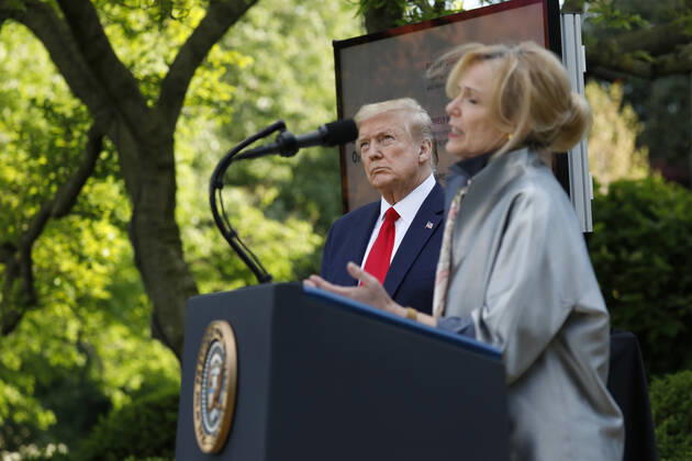 April 27, 2020, Washington, District of Columbia, USA: United States President Donald J. Trump listens to Dr. Deborah L. Birx, White House Coronavirus Response Coordinator, speak at a news conference in the Rose Garden at the White House in Washington on April 27, 2020. .Credit: Pool via CNP Washington USA - ZUMAs152 20200427_zaa_s152_068 Copyright: xYurixGripasx