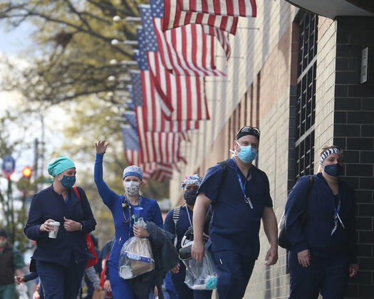 April 27, 2020, New York, NY, USA: The evening shift of nurses, doctors and other medical workers arrive at Elmhurst Hospital in Queens, New York City to treat COVID-19 and novel Coronavirus patients. New York USA - ZUMAh16_ 20200427_zaf_h16_008 Copyright: xDanxHerrickx