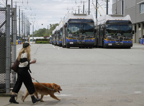 (200427) -- VANCOUVER, April 27, 2020 (Xinhua) -- Buses are parked at the Vancouver Transit Center in Vancouver, Canada, April 27, 2020. Metro Vancouver s transportation authority TransLink announced on Monday that it is laying off 1,492 workers with further reduction in services due to the massive downturn in ridership during the COVID-19 pandemic. As of Monday afternoon, there were 48,230 confirmed COVID-19 cases in Canada and 2,701 deaths. (Photo by Liang Sen Xinhua) CANADA-VANCOUVER-COVID-19-JOB CUTS 