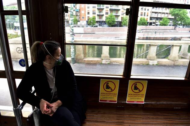 Milan, Coronavirus new signage for phase 2, respecting the sea distances inside the trams that in the stops, Advertising on Trams, public transport Atm (Duilio Piaggesi Fotogramma, Milan - 2020-04-28) p.s. la foto e utilizzabile nel rispetto del contesto in cui e stata scattata, e senza intento diffamatorio del decoro delle persone rappresentate  Copyright: xDuilioxPiaggesix xFOTOGRAMMAx