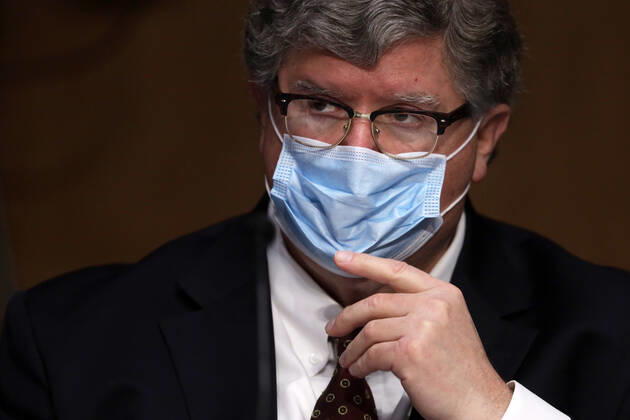 May 5, 2020, Washington, District of Columbia, USA: The Honorable Brian Miller adjusts his mask as he testifies during a confirmation hearing before Senate Committee on Banking, Housing, and Urban Affairs May 5, 2020 at Dirksen Senate Office Building on Capitol Hill in Washington, DC. Brian Miller will become Special Inspector General for Pandemic Recovery at the U.S. Department of the Treasury if confirmed. .Credit: Pool via CNP Washington USA - ZUMAs152 20200505_zaa_s152_292 Copyright: xAlexxWongx