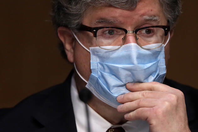 May 5, 2020, Washington, District of Columbia, USA: The Honorable Brian Miller adjusts his mask as he testifies during a confirmation hearing before Senate Committee on Banking, Housing, and Urban Affairs May 5, 2020 at Dirksen Senate Office Building on Capitol Hill in Washington, DC. Brian Miller will become Special Inspector General for Pandemic Recovery at the U.S. Department of the Treasury if confirmed. .Credit: Pool via CNP Washington USA - ZUMAs152 20200505_zaa_s152_298 Copyright: xAlexxWongx