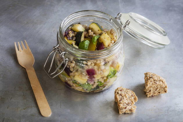 Jar of gluten free vegan salad with buckwheat, zucchini and paprika EVGF03608