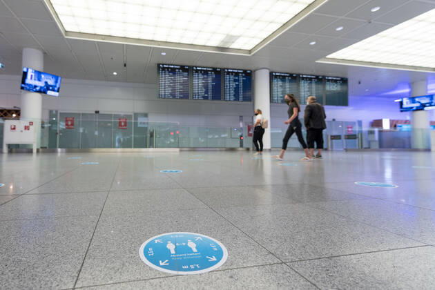 Auswirkungen Corona Flughafen München Im Bild Aufkleber Boden 1, 5 Meter Abstand Abstandsregel Empfangsbereich Ankunft Terminal 2 T2. München Flughafen München Bayer Deutschland Copyright: Passion2Press MarkusxFischerx