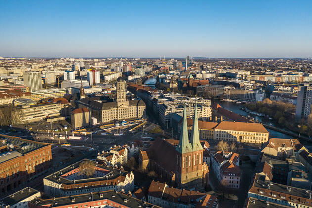 Germany, Berlin, Aerial view of Saint Nicholas Church and surrounding buildings of Nikolaiviertel quarter TAMF02376