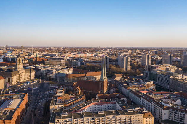 Germany, Berlin, Aerial view of Saint Nicholas Church and surrounding buildings of Nikolaiviertel quarter TAMF02377