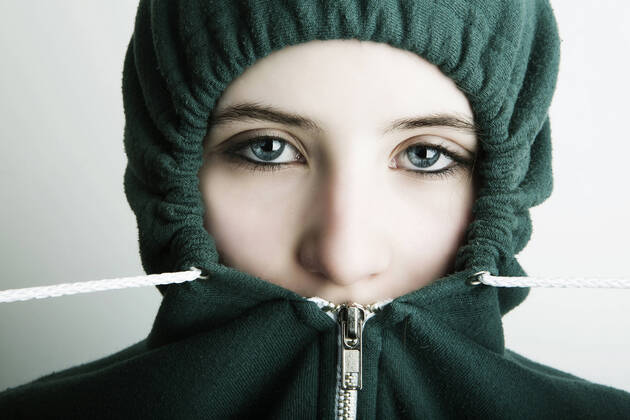 Creative Highlights Symbolfotos Germany, Cologne, Portrait of teenage girl wearing hooded top, close up model released Symbolfoto JAT000006